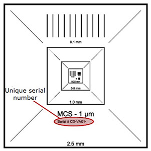 EM-Tec MCS-1TR traceable magnification calibration standard, 2.5mm to 1µm